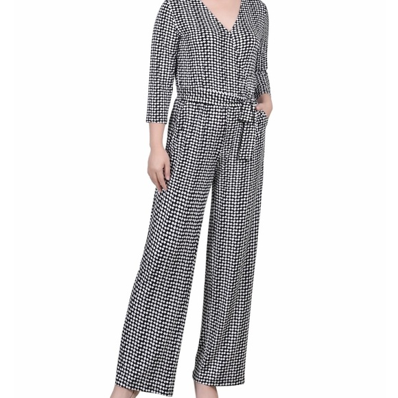 NY Collection Pants - NY Collection Black and White Geometric Jumpsuit with V-Neck and Tie Waist